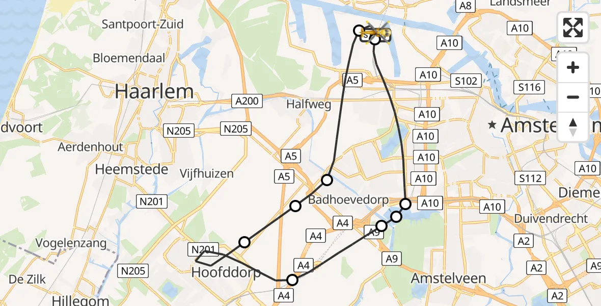 Vluchtroute Traumahelikopter van Amsterdam Heliport naar Amsterdam Heliport