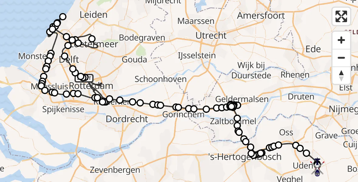 Vluchtroute Politiehelikopter van Rotterdam The Hague Airport naar Vliegbasis Volkel