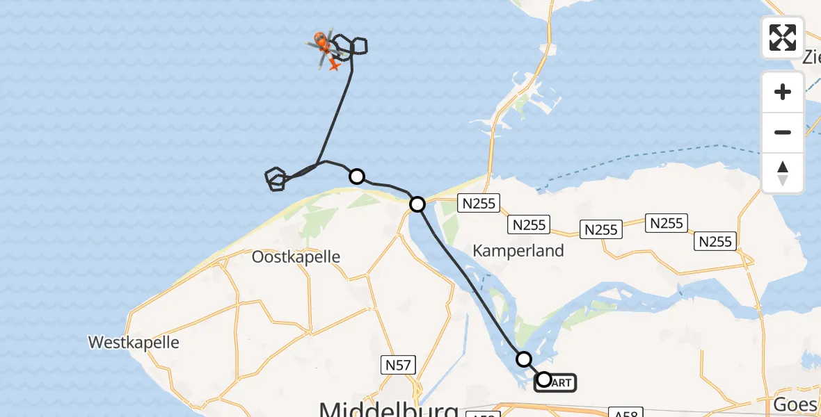 Vluchtroute Kustwachthelikopter van Vliegveld Midden-Zeeland naar Noordzee