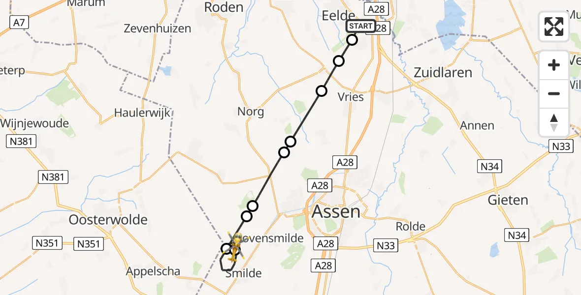 Vluchtroute Traumahelikopter van Groningen Airport Eelde naar Bovensmilde