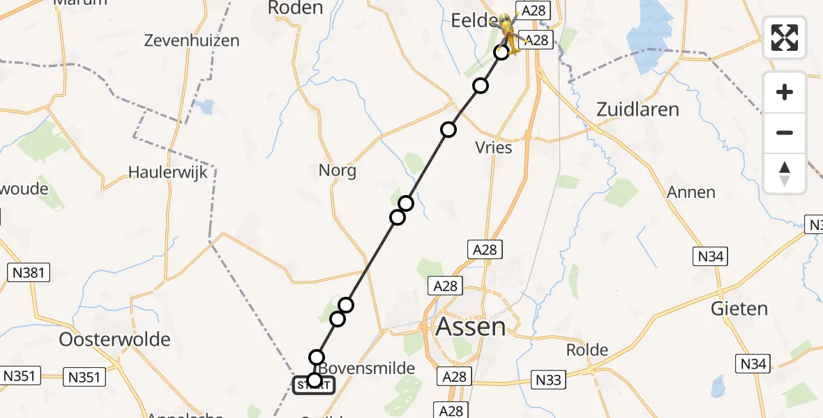 Vluchtroute Traumahelikopter van Bovensmilde naar Groningen Airport Eelde
