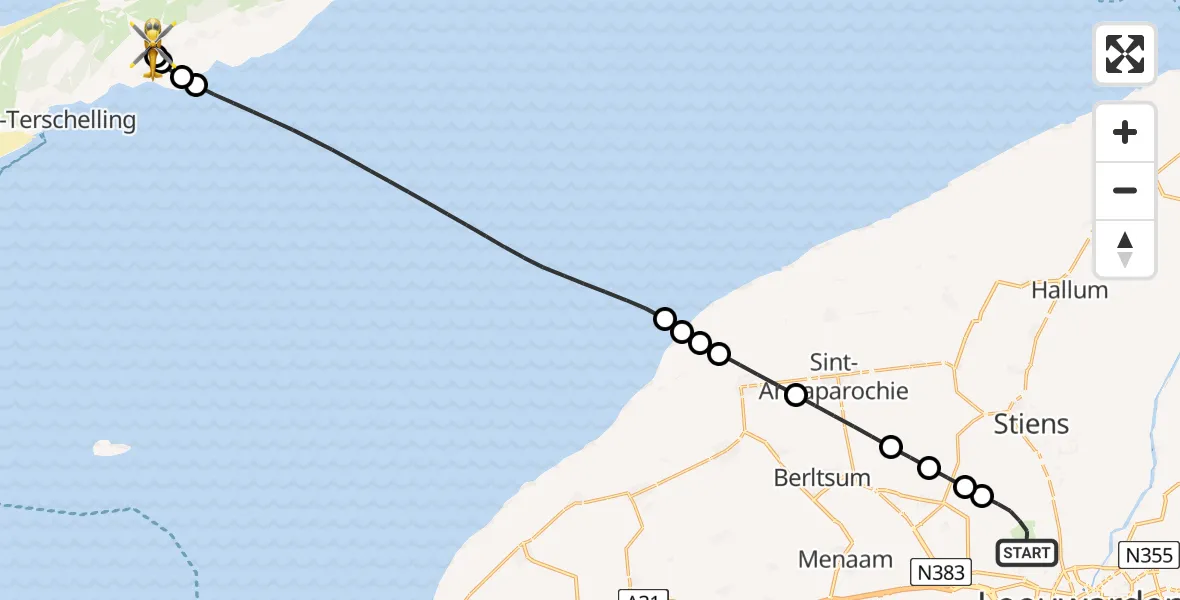 Vluchtroute Ambulancehelikopter van Vliegbasis Leeuwarden naar Terschelling Heliport