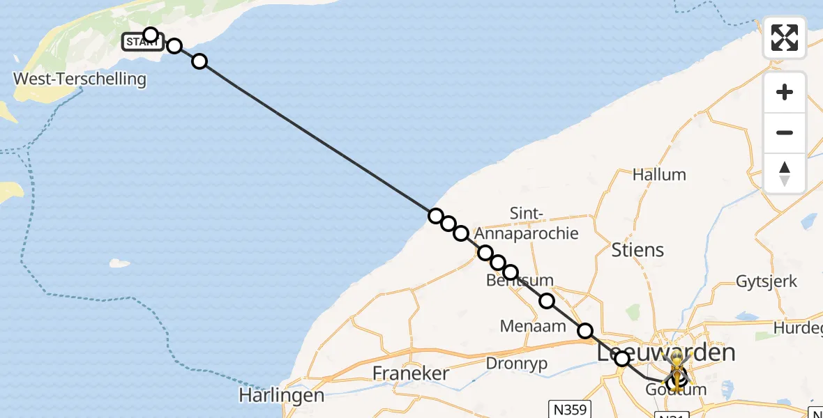 Vluchtroute Ambulancehelikopter van Terschelling Heliport naar Leeuwarden Medical Center Heliport