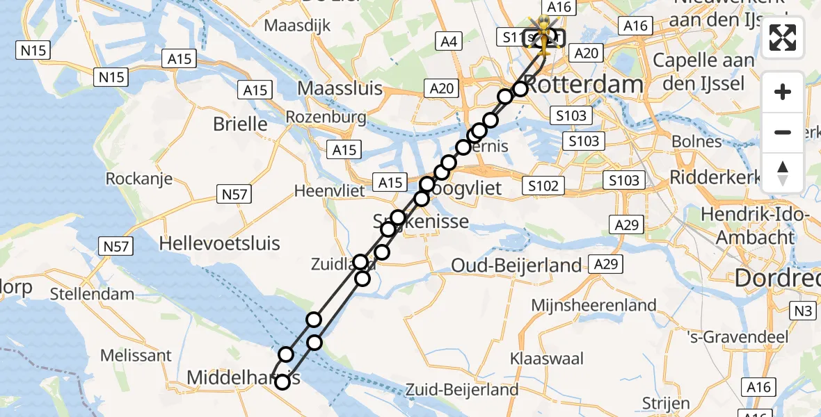 Vluchtroute Traumahelikopter van Rotterdam The Hague Airport naar Rotterdam The Hague Airport