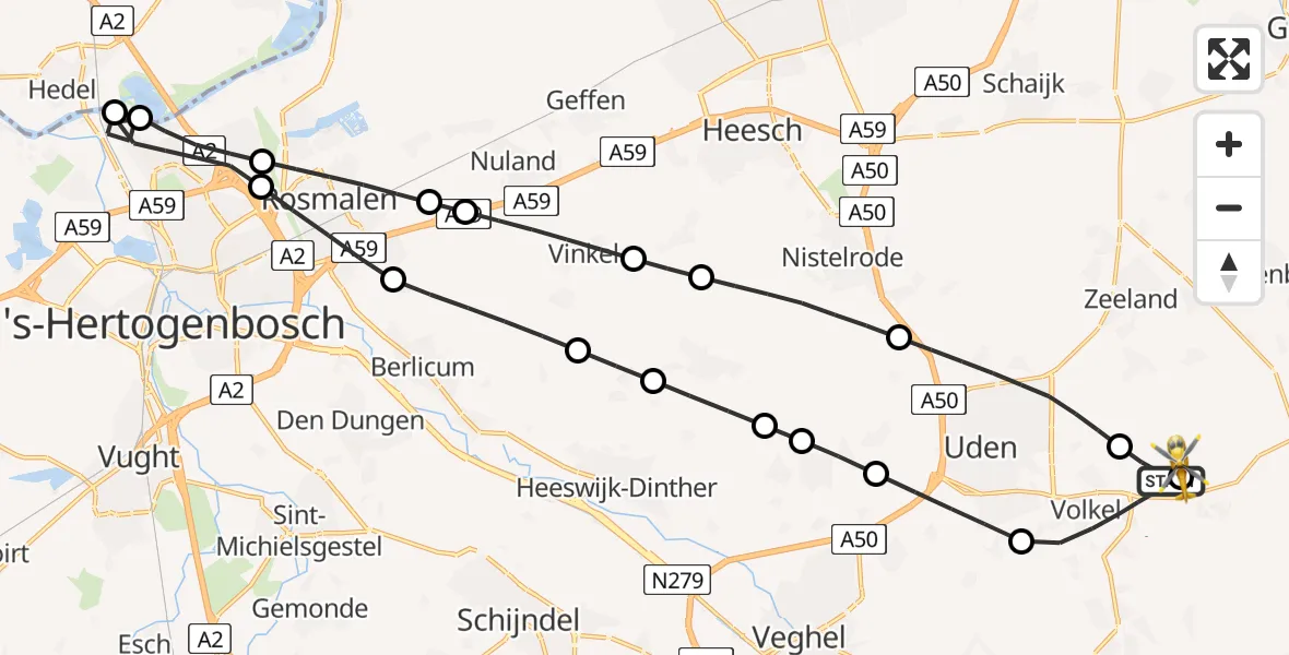Vluchtroute Traumahelikopter van Vliegbasis Volkel naar Vliegbasis Volkel