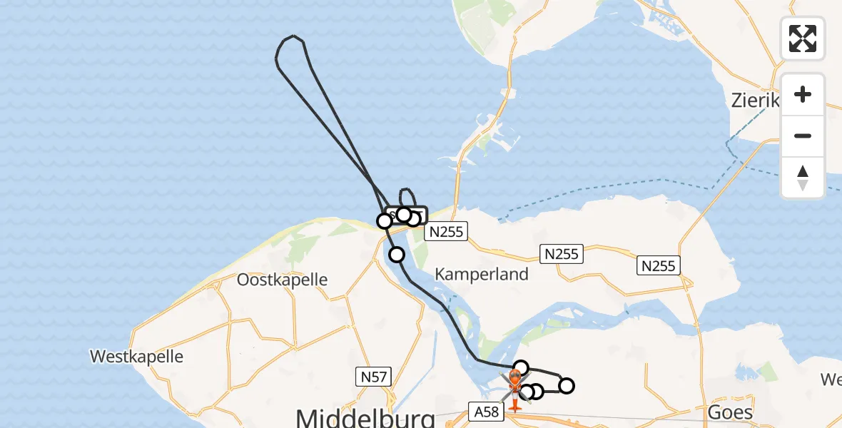 Vluchtroute Kustwachthelikopter van Noordzee naar Vliegveld Midden-Zeeland