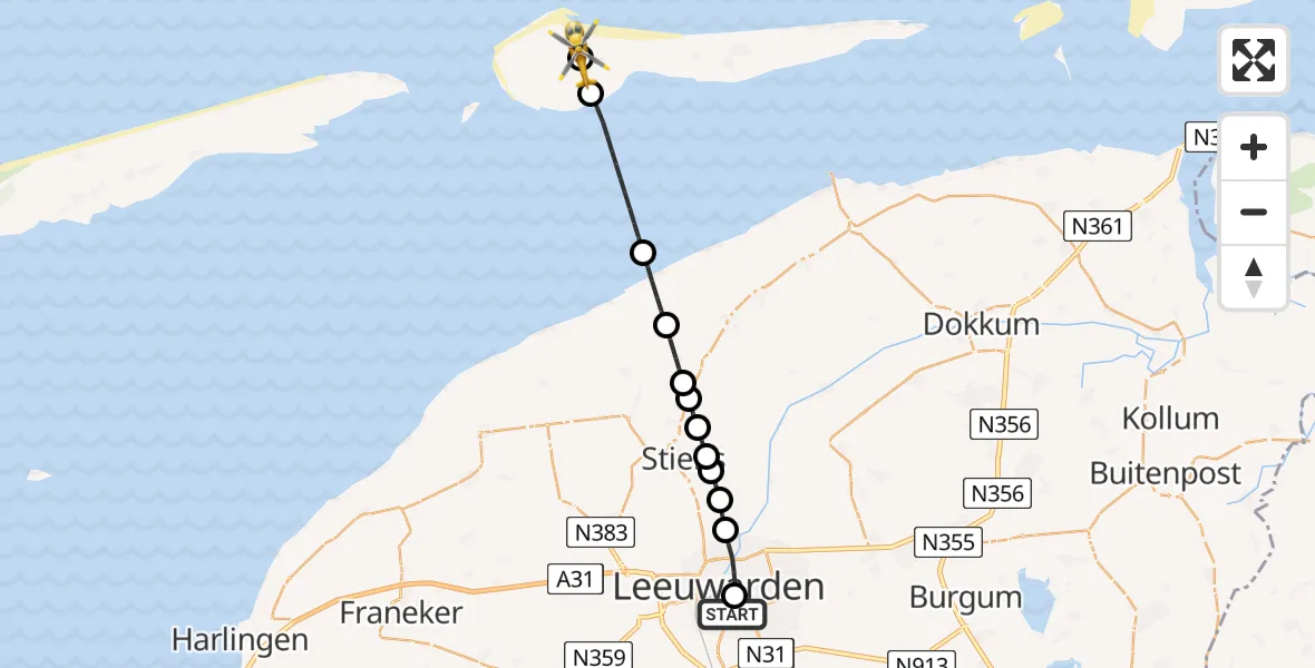 Vluchtroute Ambulancehelikopter van Leeuwarden Medical Center Heliport naar Ameland Vliegveld Ballum