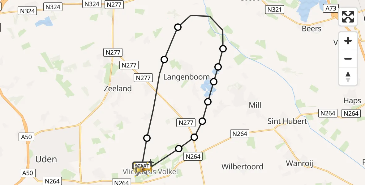 Vluchtroute Traumahelikopter van Vliegbasis Volkel naar Vliegbasis Volkel