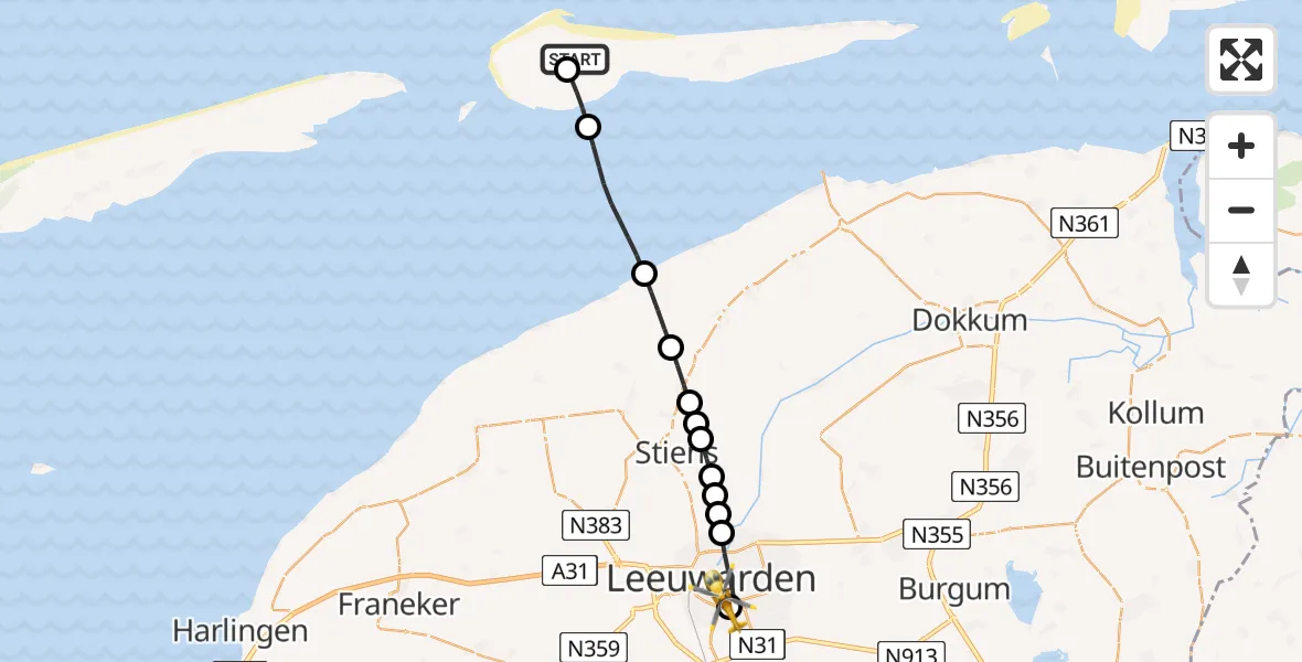 Vluchtroute Ambulancehelikopter van Ameland Vliegveld Ballum naar Leeuwarden Medical Center Heliport