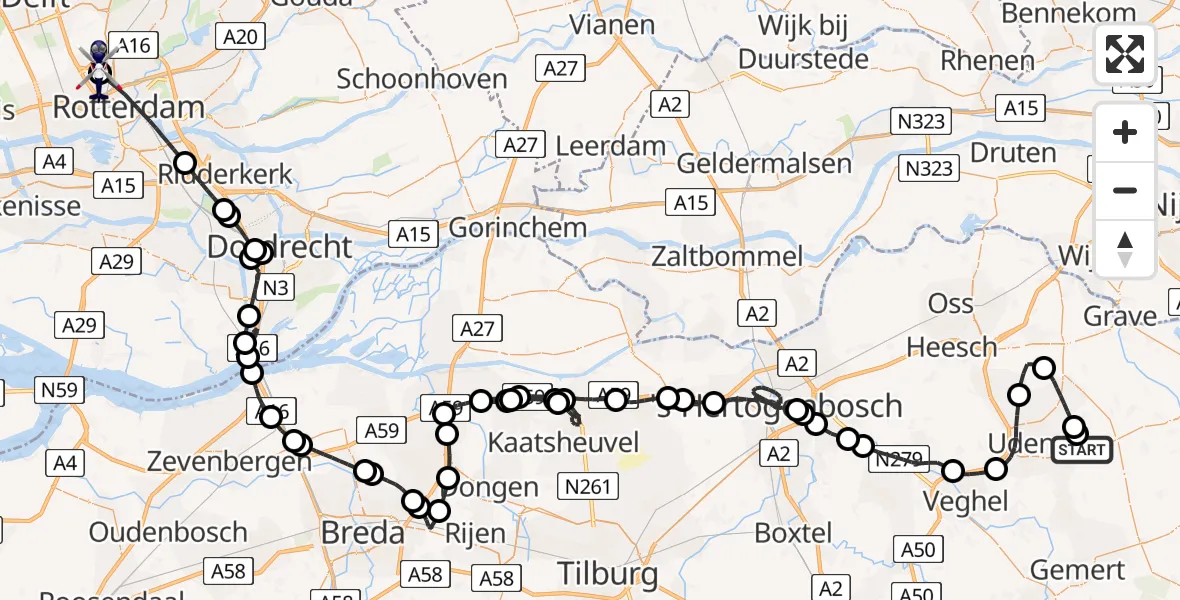 Vluchtroute Politiehelikopter van Vliegbasis Volkel naar Rotterdam The Hague Airport