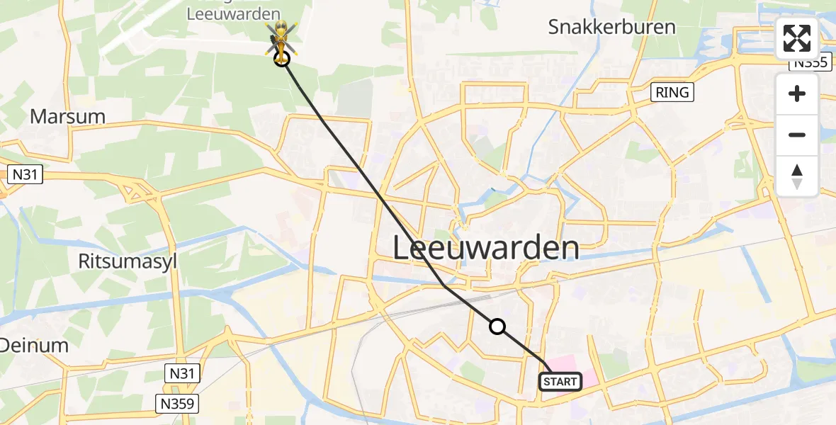 Vluchtroute Ambulancehelikopter van Leeuwarden Medical Center Heliport naar Vliegbasis Leeuwarden