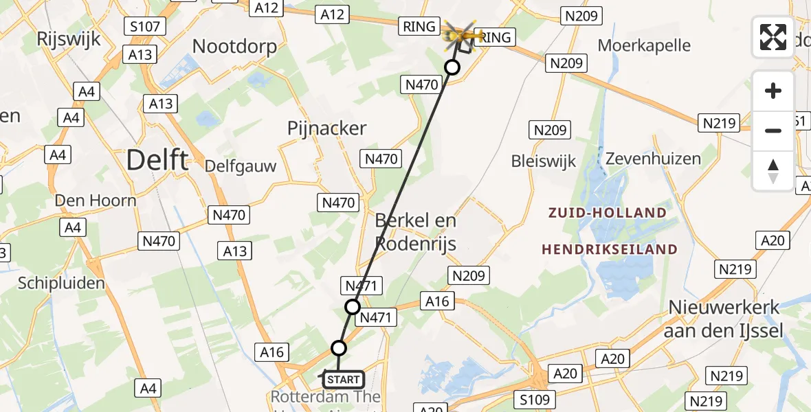 Vluchtroute Traumahelikopter van Rotterdam The Hague Airport naar Zoetermeer