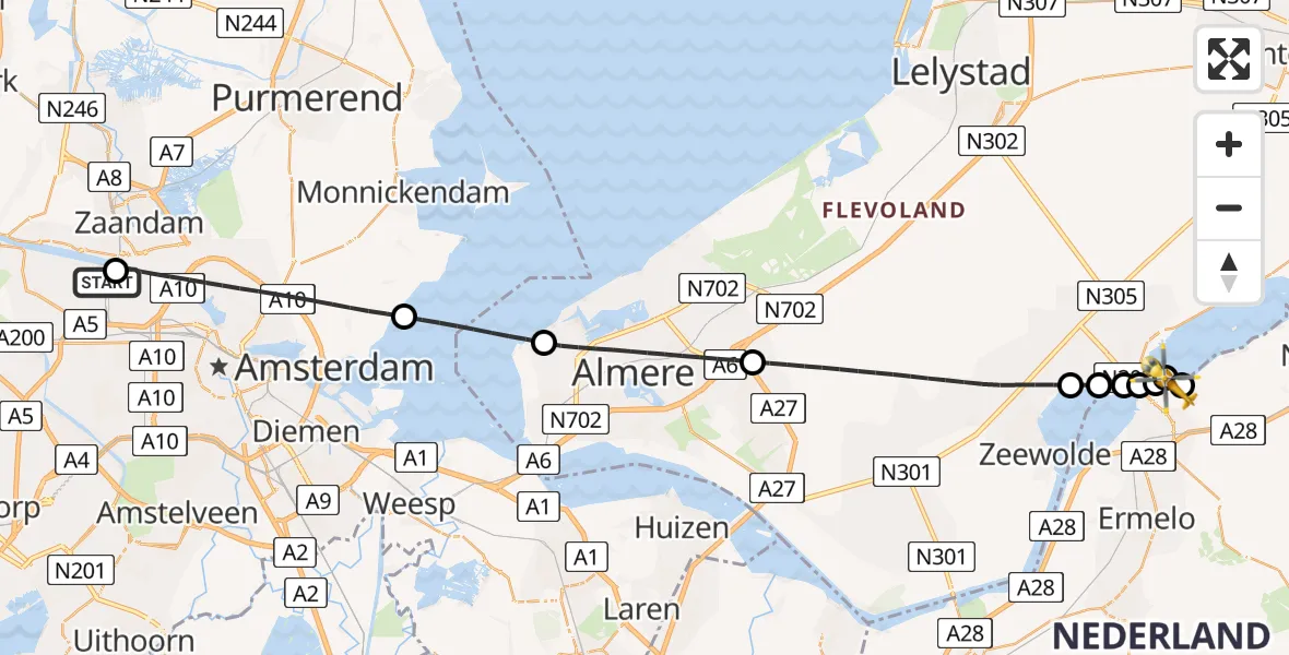 Vluchtroute Traumahelikopter van Amsterdam Heliport naar Harderwijk