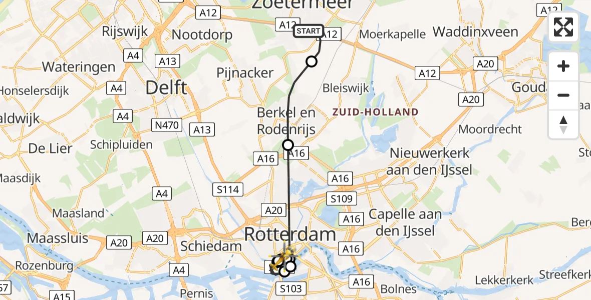 Vluchtroute Traumahelikopter van Zoetermeer naar Erasmus MC