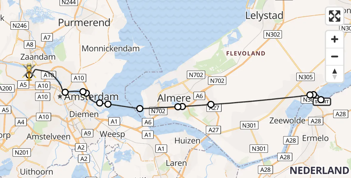 Vluchtroute Traumahelikopter van Harderwijk naar Amsterdam Heliport