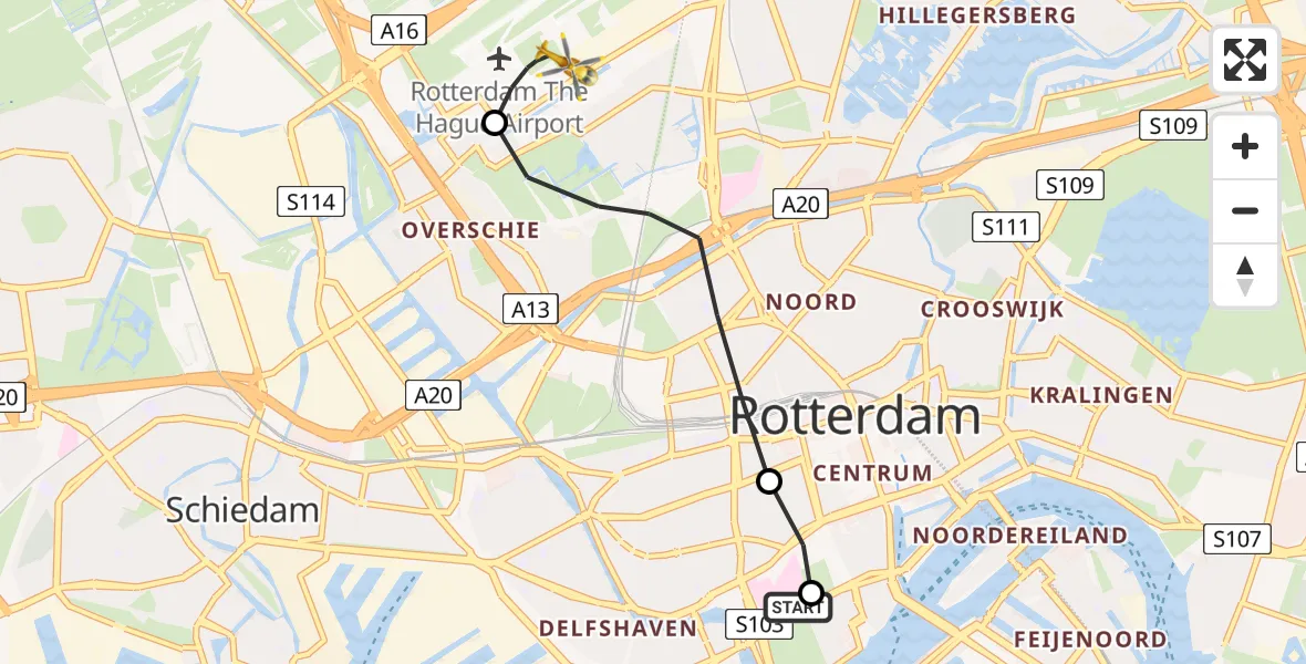 Vluchtroute Traumahelikopter van Erasmus MC naar Rotterdam The Hague Airport