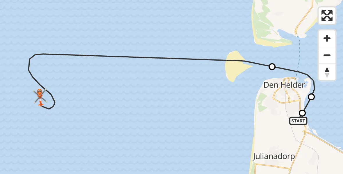 Vluchtroute Kustwachthelikopter van Militair vliegveld De Kooy / Den Helder Airport naar Noordzee
