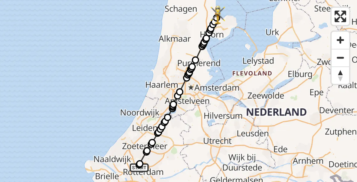 Vluchtroute Traumahelikopter van Rotterdam The Hague Airport naar Wervershoof