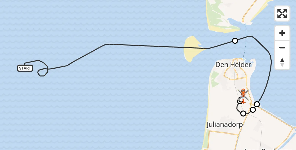 Vluchtroute Kustwachthelikopter van Noordzee naar Militair vliegveld De Kooy / Den Helder Airport