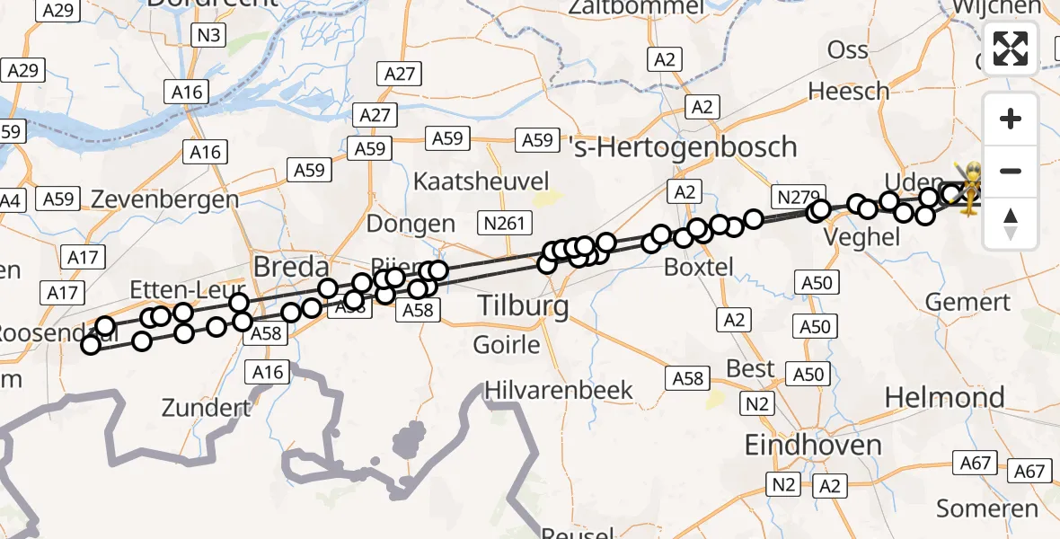 Vluchtroute Traumahelikopter van Vliegbasis Volkel naar Vliegbasis Volkel