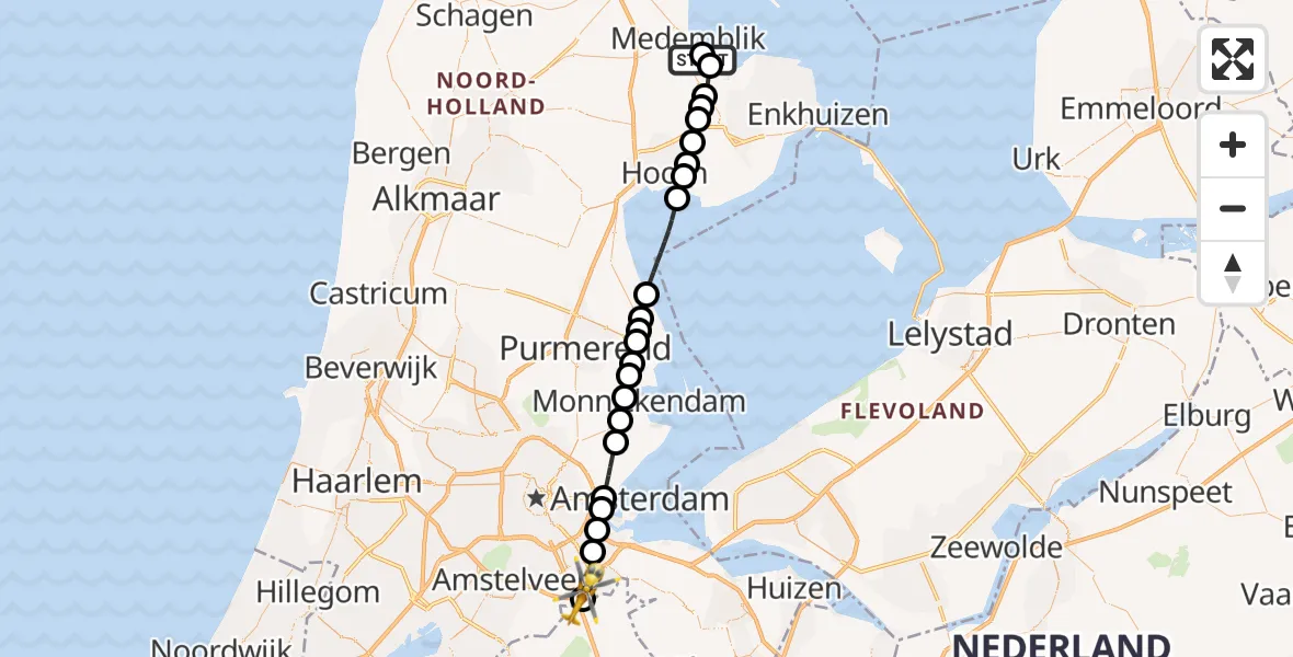 Vluchtroute Traumahelikopter van Wervershoof naar Amsterdam UMC Helipad
