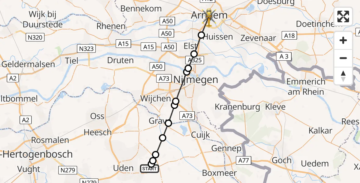 Vluchtroute Traumahelikopter van Vliegbasis Volkel naar Arnhem