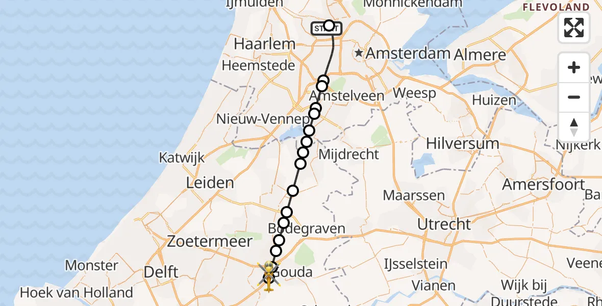 Vluchtroute Traumahelikopter van Amsterdam Heliport naar Cortelande