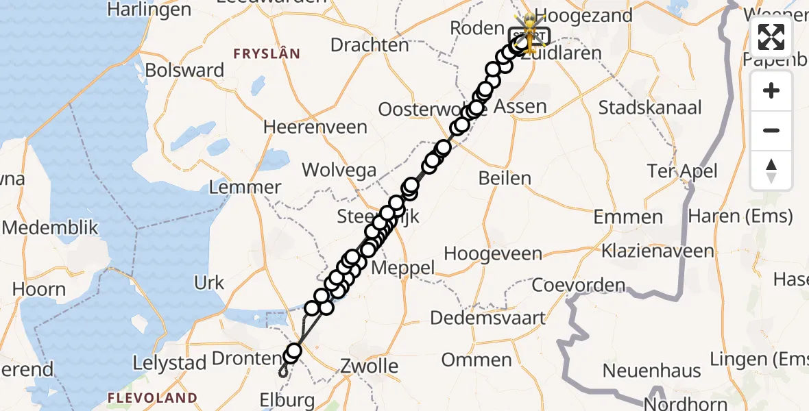 Vluchtroute Traumahelikopter van Groningen Airport Eelde naar Groningen Airport Eelde