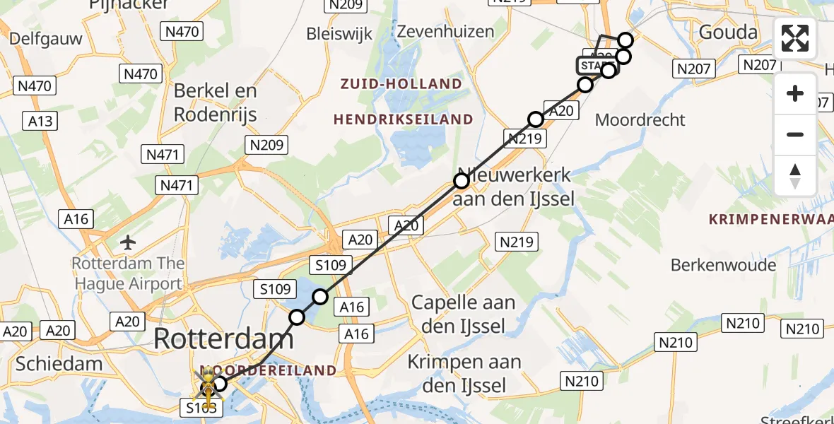 Vluchtroute Traumahelikopter van Cortelande naar Leids Universitair Medisch Centrum (LUMC)