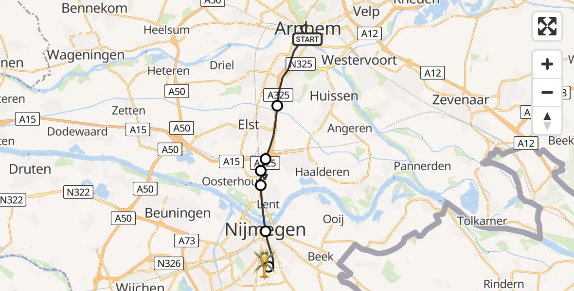 Vluchtroute Traumahelikopter van Arnhem naar Radboud University Medical Center Heliport