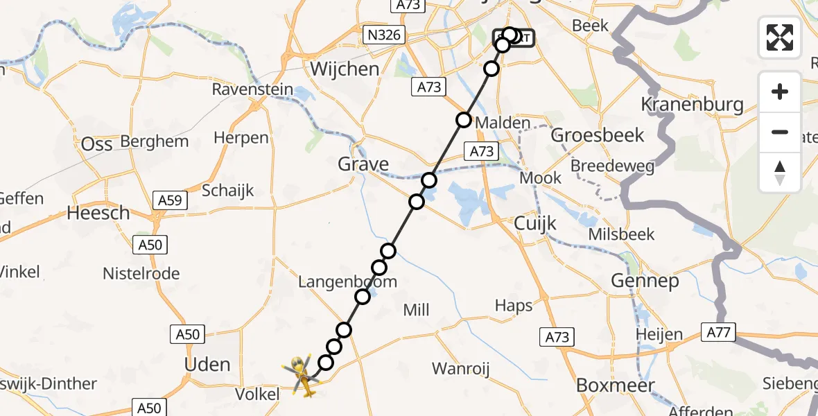 Vluchtroute Traumahelikopter van Radboud Universitair Medisch Centrum naar Vliegbasis Volkel