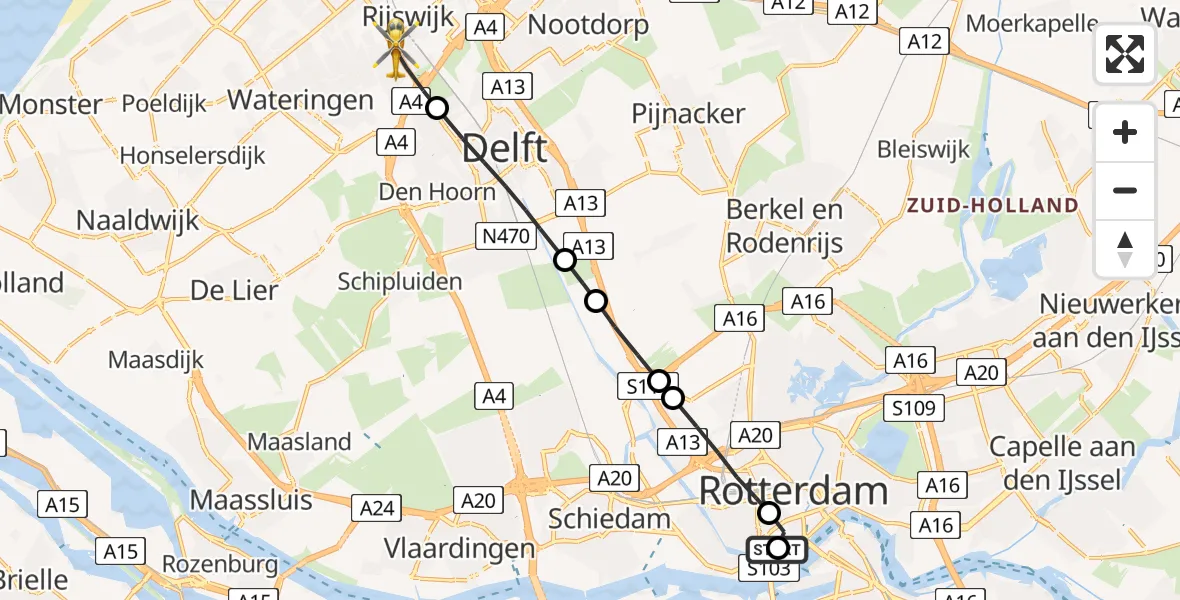 Vluchtroute Traumahelikopter van Erasmus MC naar Rijswijk