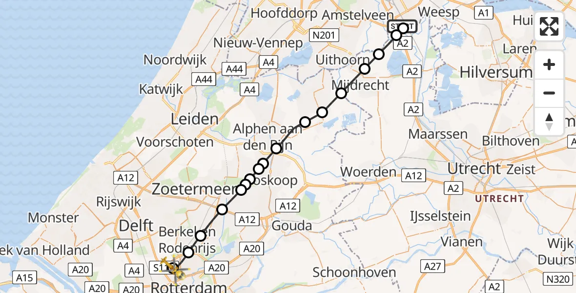 Vluchtroute Traumahelikopter van Amsterdam UMC Helipad naar Rotterdam The Hague Airport