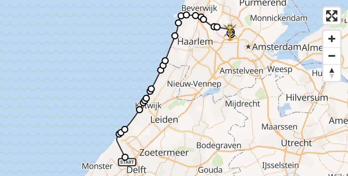 Vluchtroute Traumahelikopter van Rijswijk naar Amsterdam Heliport