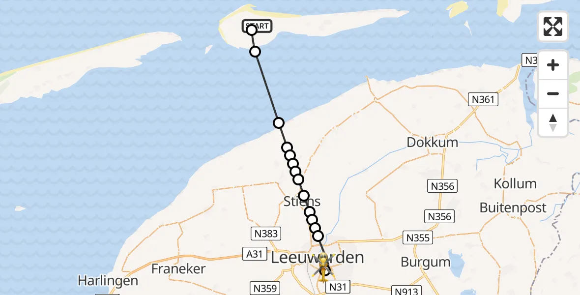 Vluchtroute Ambulancehelikopter van Ameland Vliegveld Ballum naar Leeuwarden Medical Center Heliport