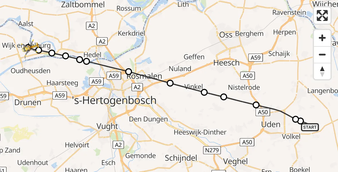 Vluchtroute Traumahelikopter van Vliegbasis Volkel naar Wijk en Aalburg