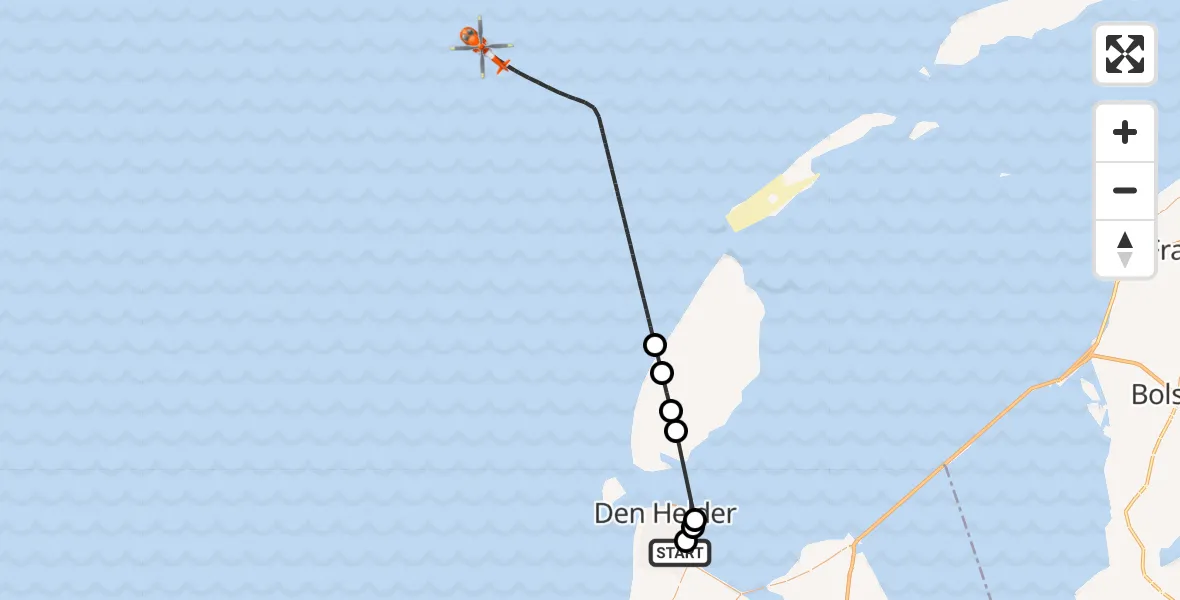 Vluchtroute Kustwachthelikopter van Militair vliegveld De Kooy / Den Helder Airport naar Noordzee