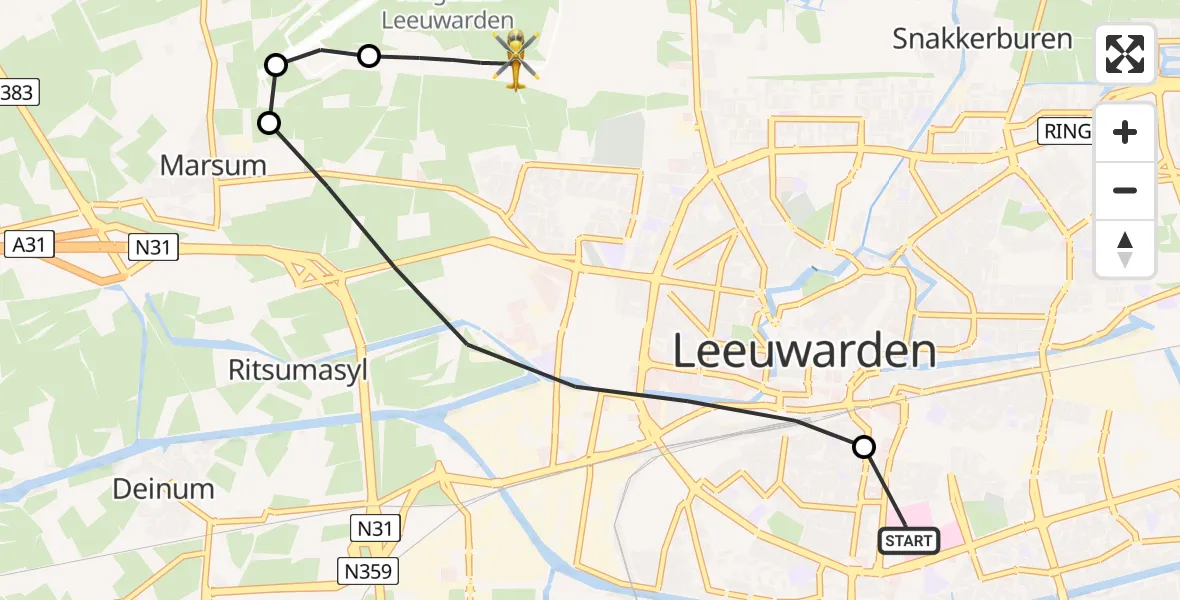 Vluchtroute Ambulancehelikopter van Leeuwarden Medical Center Heliport naar Vliegbasis Leeuwarden