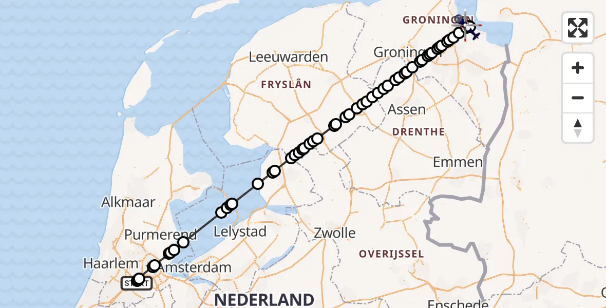 Vluchtroute Politiehelikopter van Amsterdam Vliegveld Schiphol naar Farmsum