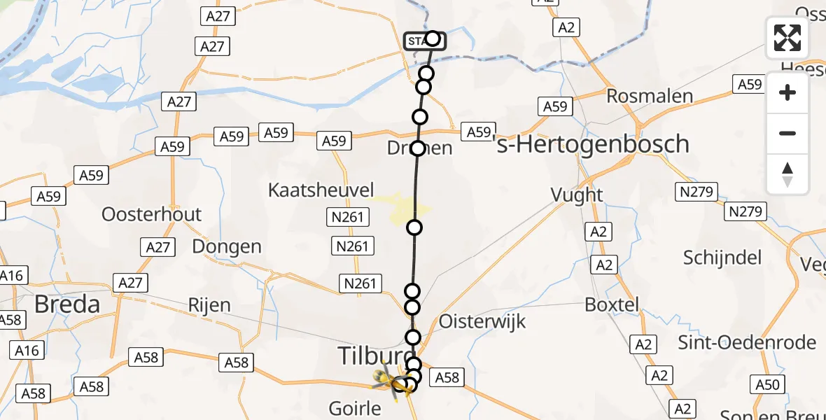 Vluchtroute Traumahelikopter van Wijk en Aalburg naar St. Elisabeth Hospital Heliport