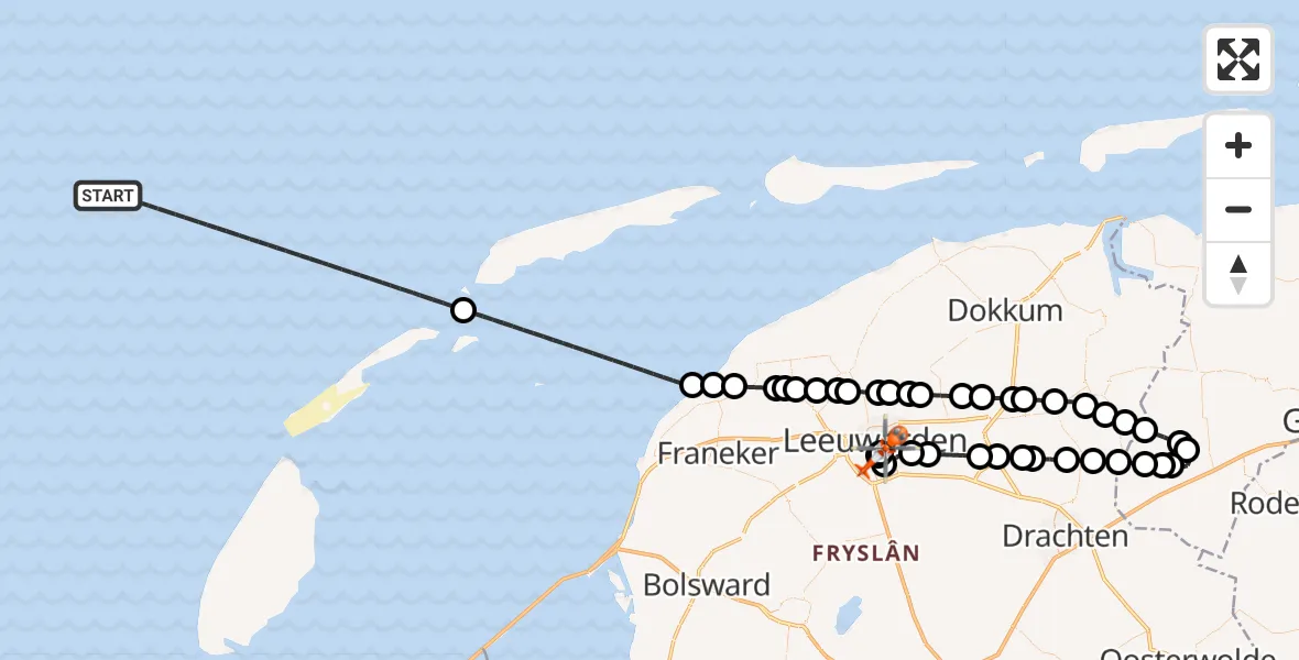 Vluchtroute Kustwachthelikopter van Noordzee naar Leeuwarden Medical Center Heliport