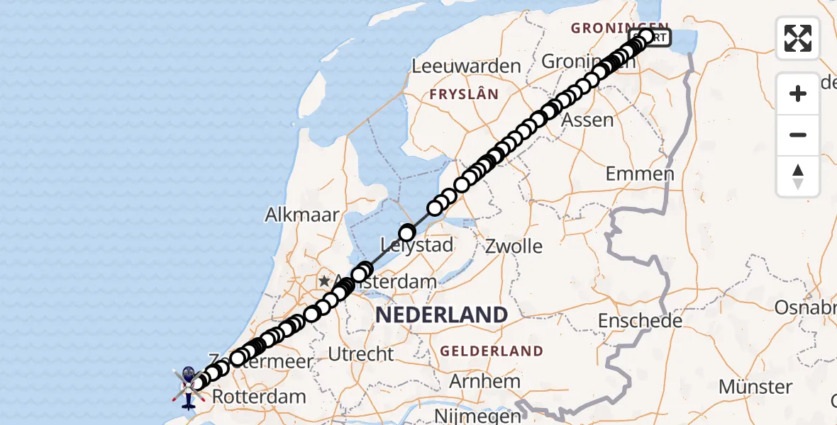Vluchtroute Politiehelikopter van Farmsum naar Maasvlakte Rotterdam