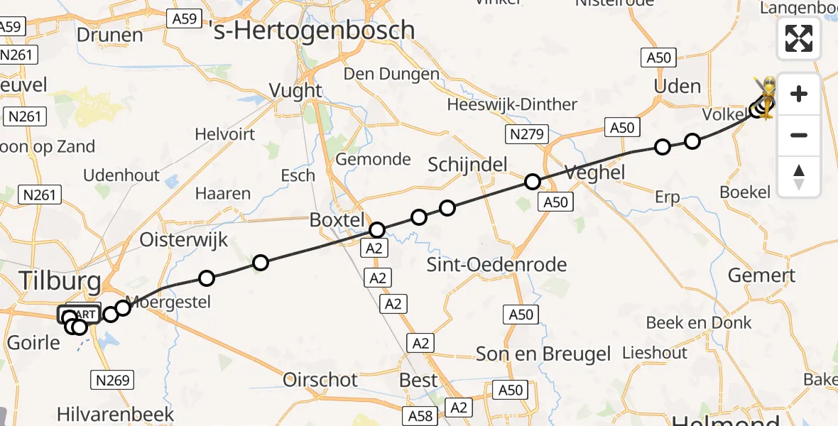 Vluchtroute Traumahelikopter van St. Elisabeth Hospital Heliport naar Vliegbasis Volkel