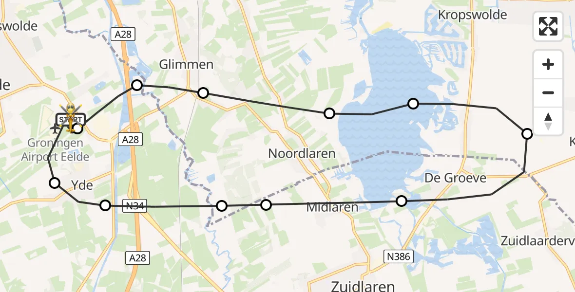 Vluchtroute Traumahelikopter van Groningen Airport Eelde naar Groningen Airport Eelde