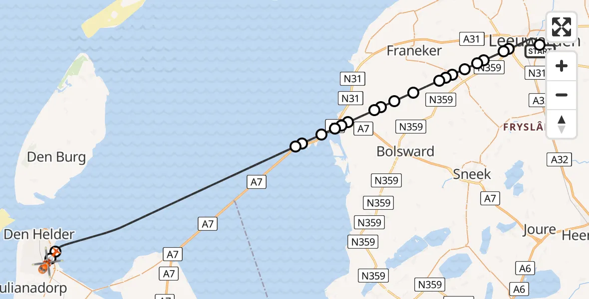 Vluchtroute Kustwachthelikopter van Leeuwarden Medical Center Heliport naar Militair vliegveld De Kooy / Den Helder Airport