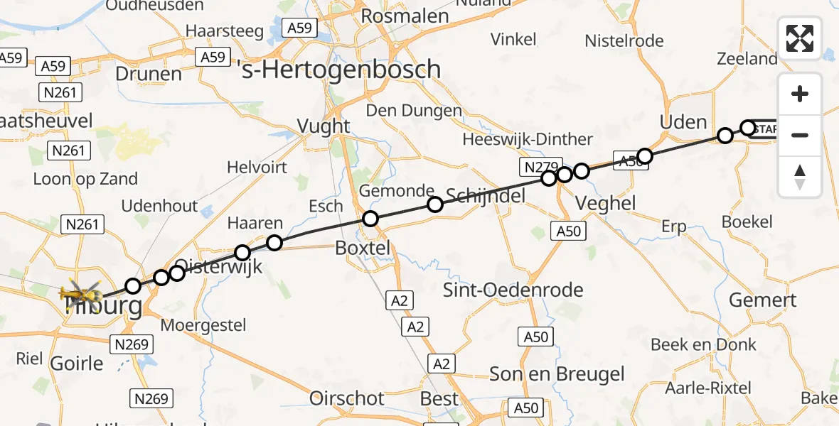 Vluchtroute Traumahelikopter van Vliegbasis Volkel naar Tilburg
