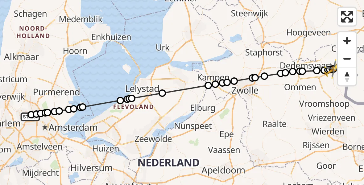 Vluchtroute Traumahelikopter van Amsterdam Heliport naar Hardenberg