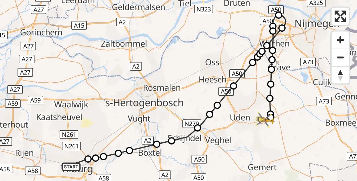 Vluchtroute Traumahelikopter van Tilburg naar Vliegbasis Volkel