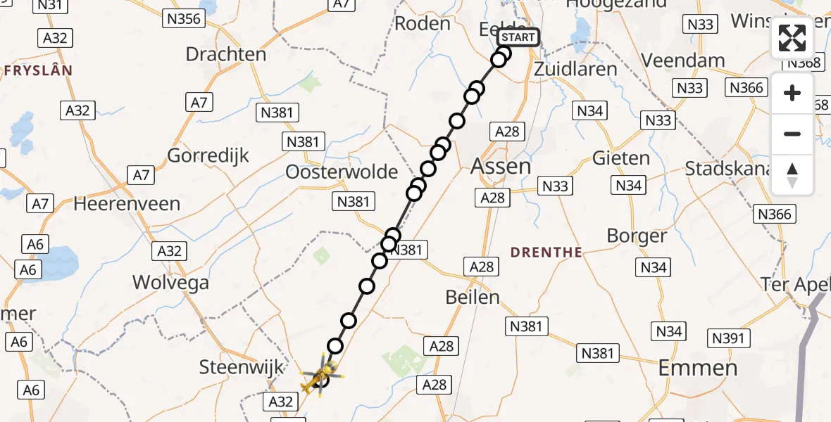Vluchtroute Traumahelikopter van Groningen Airport Eelde naar Havelte
