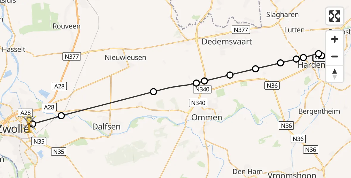 Vluchtroute Traumahelikopter van Hardenberg naar Isala Hospital Zwolle Heliport